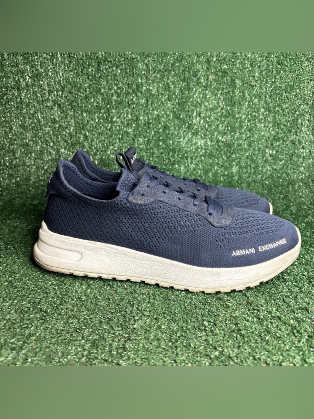 A|X Armani Exchange Mens 10 Low Top Navy Blue Knit Trainer Shoe Sneaker